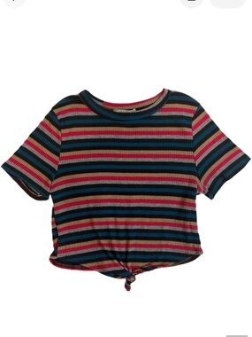 gaze Short-Sleeve Striped Tie-Front Tee in Blue, Pink, Black